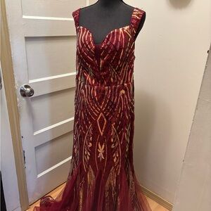 Elegant Burgundy and Gold Beaded Evening Gown